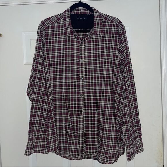 Theory 100% Cotton Zack Plaid Long-Sleeve Sport Shirt Button Front Collared XL - Picture 4 of 10